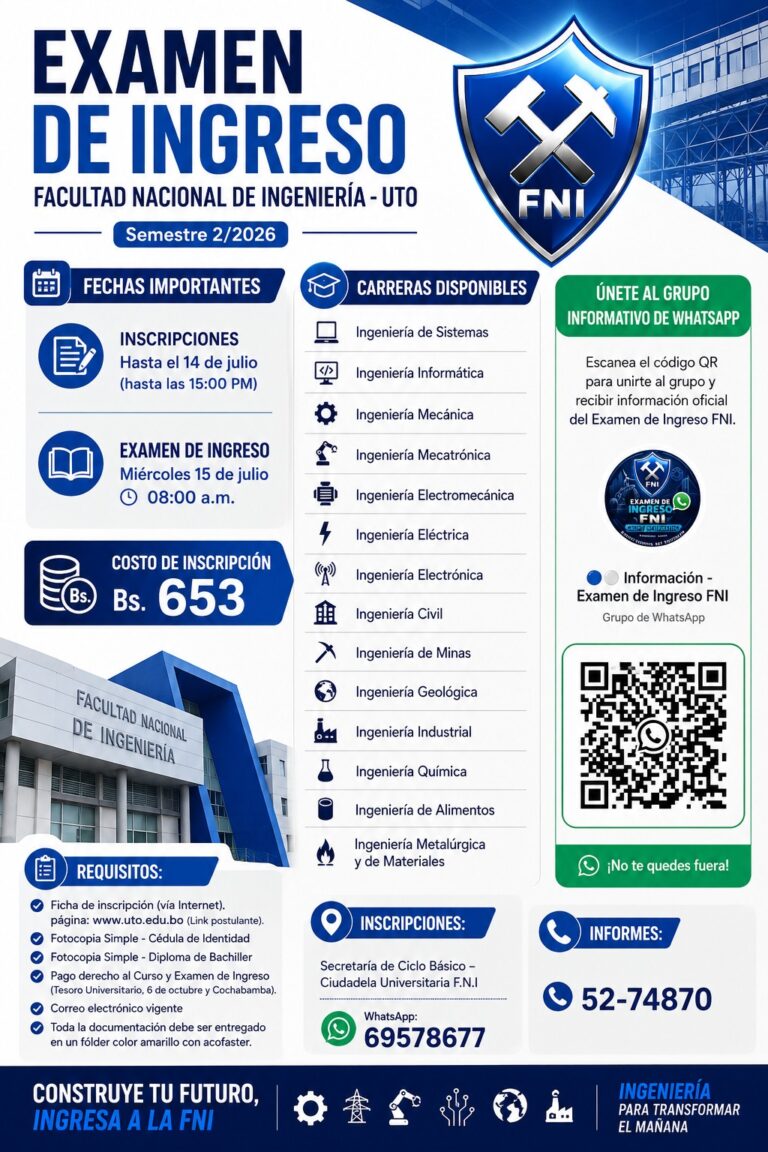 FNI publica la convocatoria oficial al Examen de Ingreso para el Semestre 2/2026