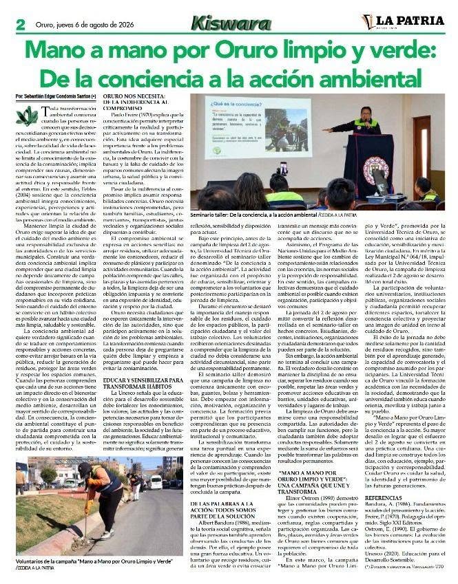 La campaña “Mano a Mano por Oruro Limpio y Verde” llega a las páginas de LA PATRIA